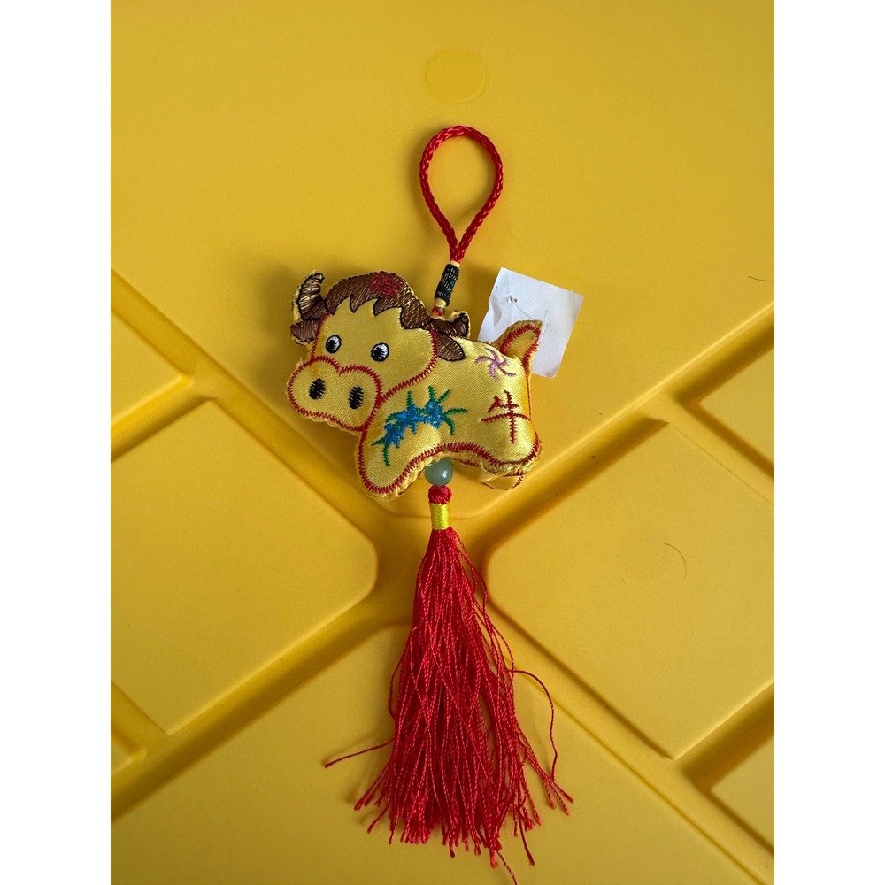 Chinese Zodiac Year of the Ox Plush Tassel Charm Yellow Red Embroidered Ornament